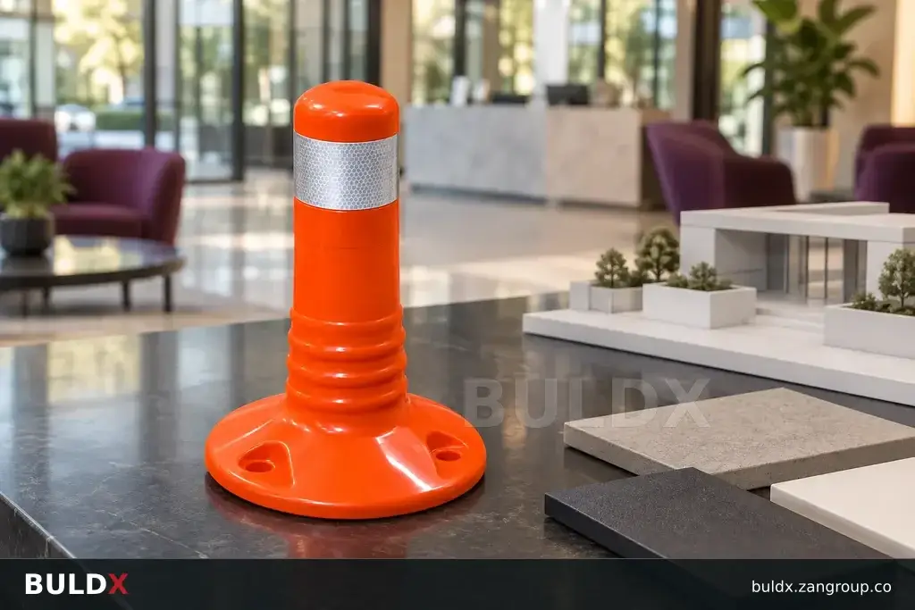 AI-generated product sample context: Bollard sample beside a reception entrance layout table, eye-level wide composition