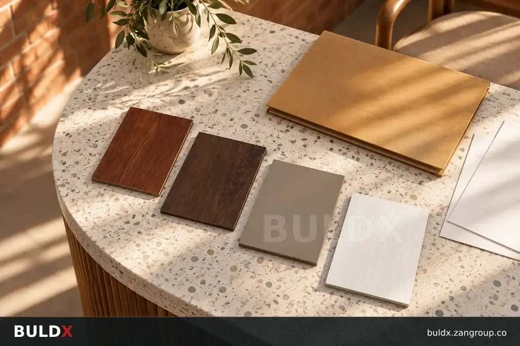 AI-generated product sample context: Profile samples and plain zone drawings on a reception table, high-angle photograph