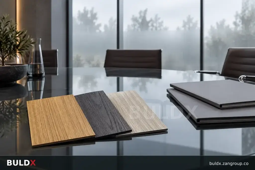 AI-generated product sample context: Facade sample with closed plain document folders on a conference table, wide editorial still life