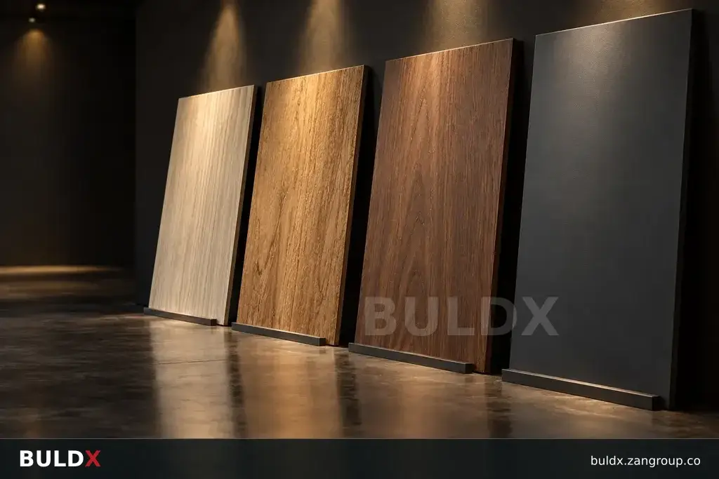 AI-generated product sample context: Panel sample wall in a gallery with grazing spotlights, dramatic side view