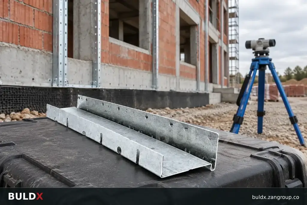 AI-generated product sample context: Profile sample and survey equipment beside an unfinished facade frame, wide construction photograph