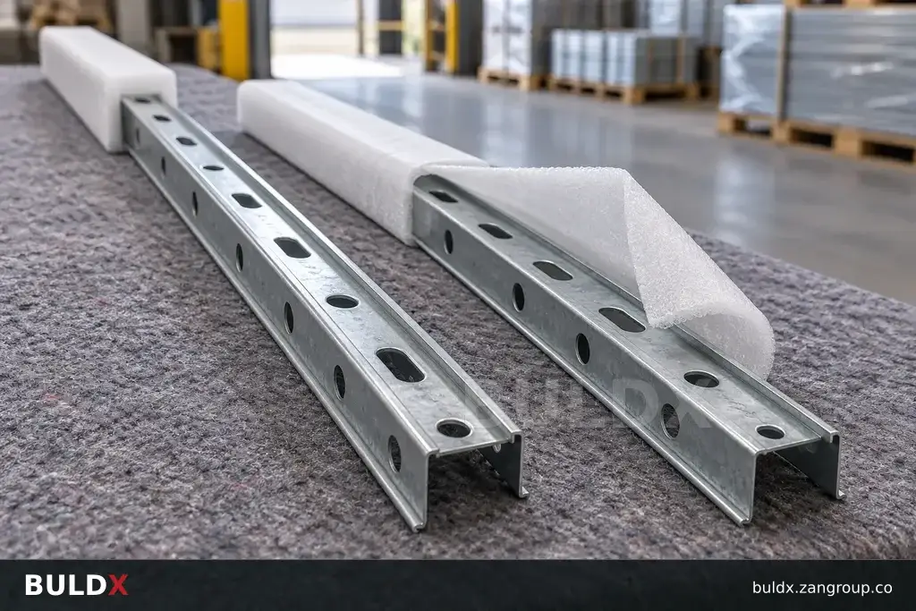 AI-generated product sample context: Protected profile samples on a padded loading table, documentary close view