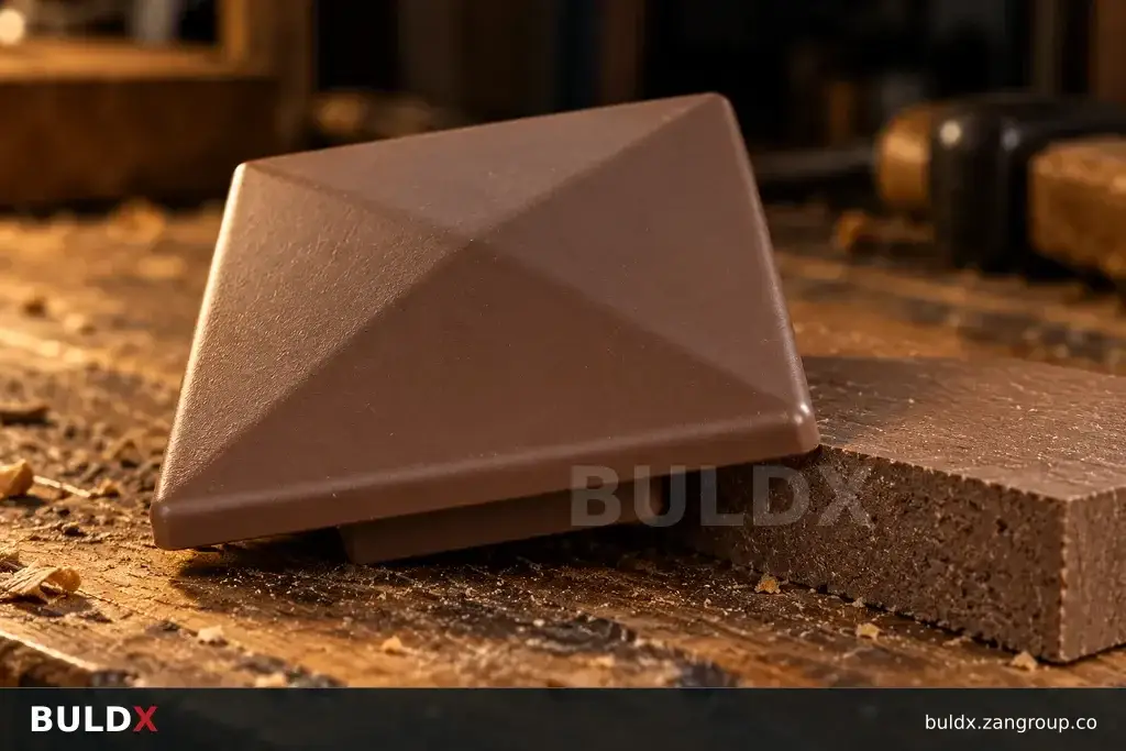 AI-generated product sample context: Composite cut end and cap samples on a woodworker's bench, extreme close-up