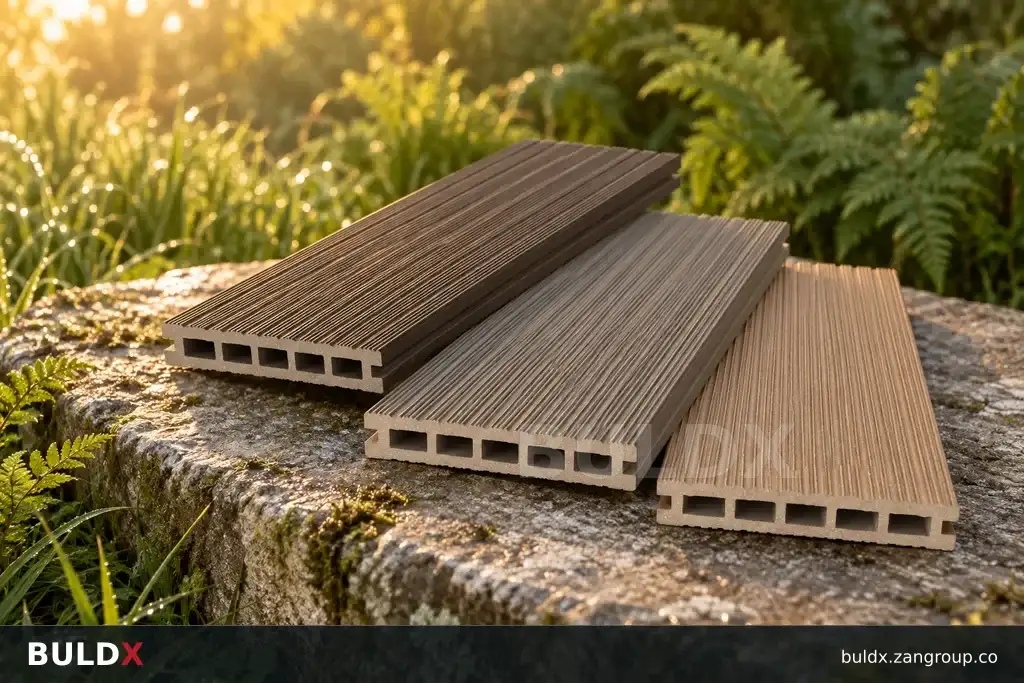 AI-generated product sample context: Board swatches on a garden stone plinth at golden hour, close low-angle view