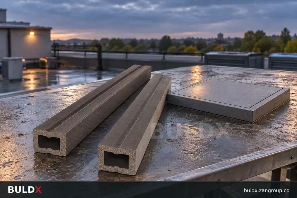 AI-generated product sample context: Composite samples beside an outdoor service hatch mockup, elevated close view