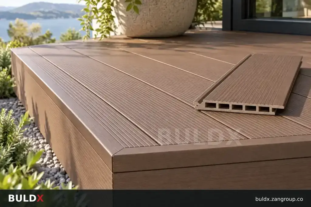 AI-generated application context: Composite decking end details and perimeter finishes