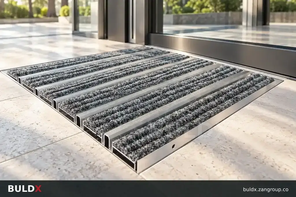 AI-generated application context: Brush, textile and rubber mat inserts: choose by entrance zone