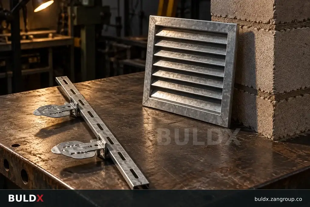 AI-generated product sample context: Loose cladding profile beside a vent mockup, low oblique workshop view