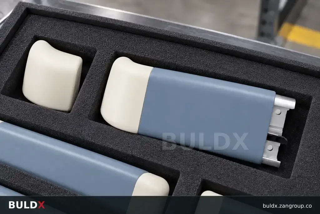 AI-generated product sample context: Guard caps and straight samples laid in foam trays, angled overhead product photograph