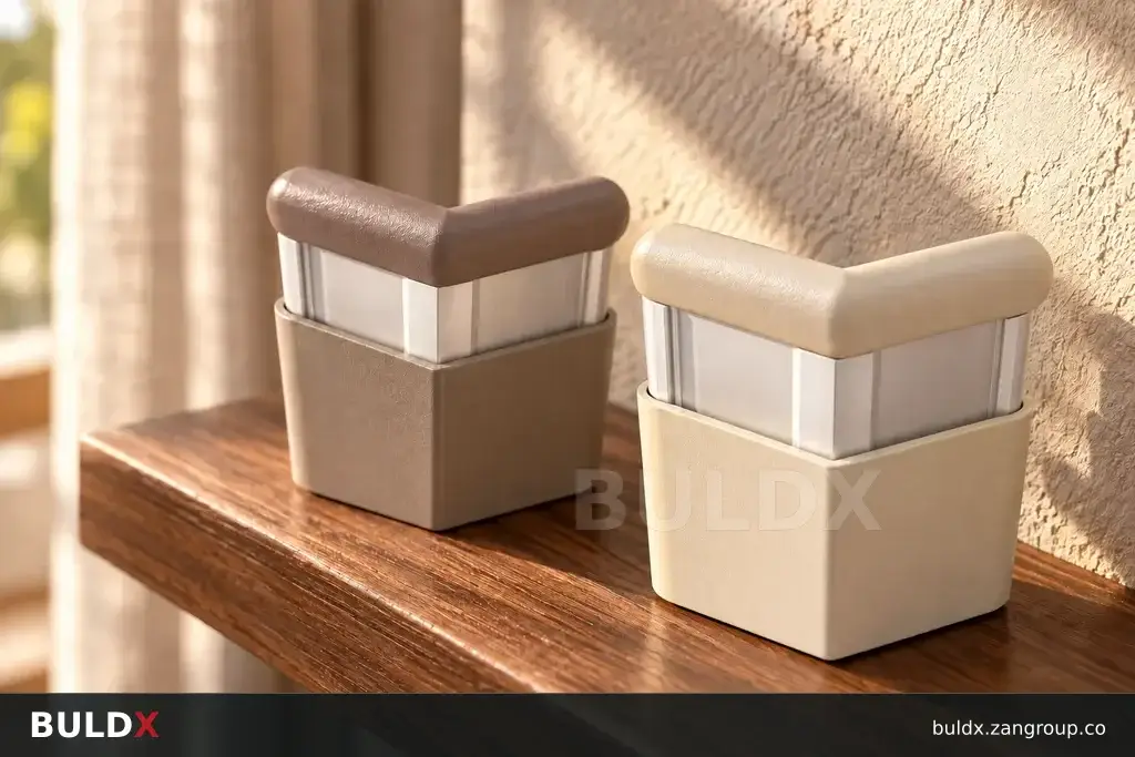 AI-generated product sample context: Two loose guard samples beside a sunlit existing hotel wall, side-lit macro