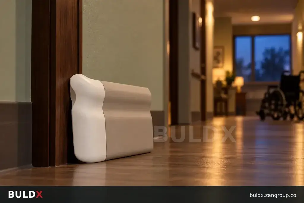 AI-generated product sample context: Care facility corridor end with a referenced rail sample, low long-lens view