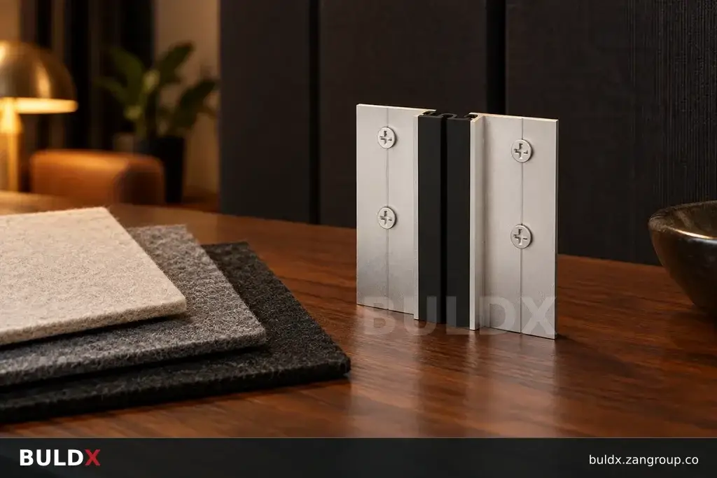 AI-generated product sample context: Joint sample beside acoustic finish swatches in a recording studio lobby, intimate close-up