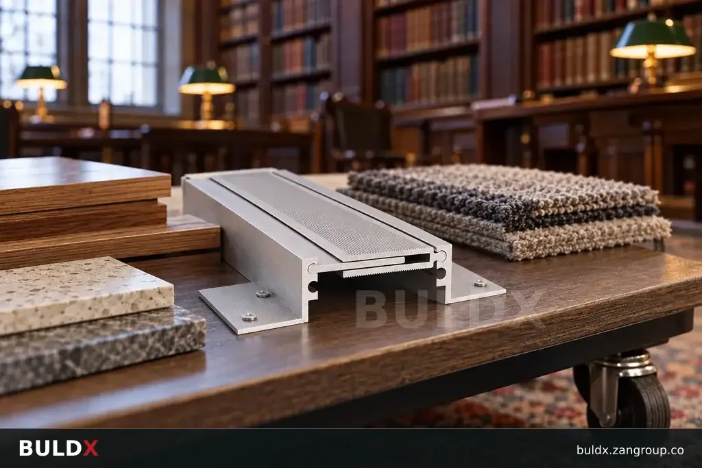 AI-generated product sample context: Material samples beside a joint in a library reading room, low side view