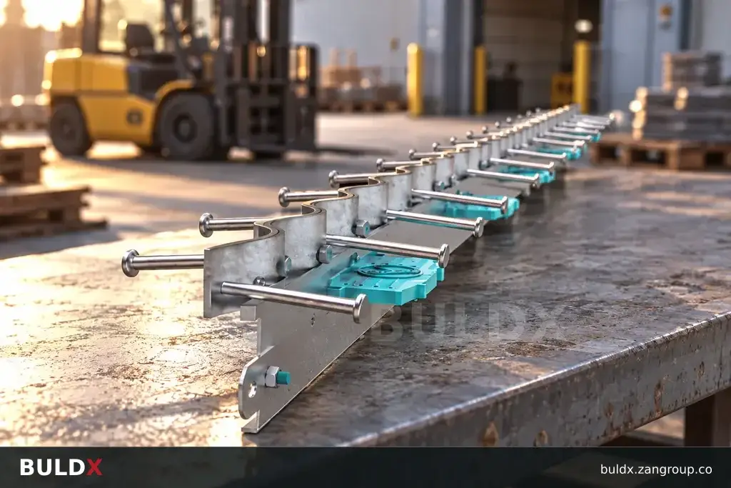 AI-generated product sample context: Parked forklift in background with joint sample on bench in foreground, compressed long-lens view