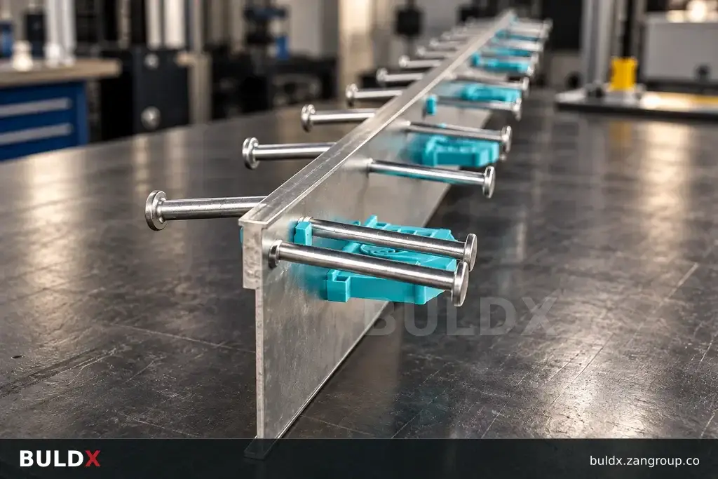 AI-generated product sample context: Loose steel component assembly on a test-lab table, angled macro