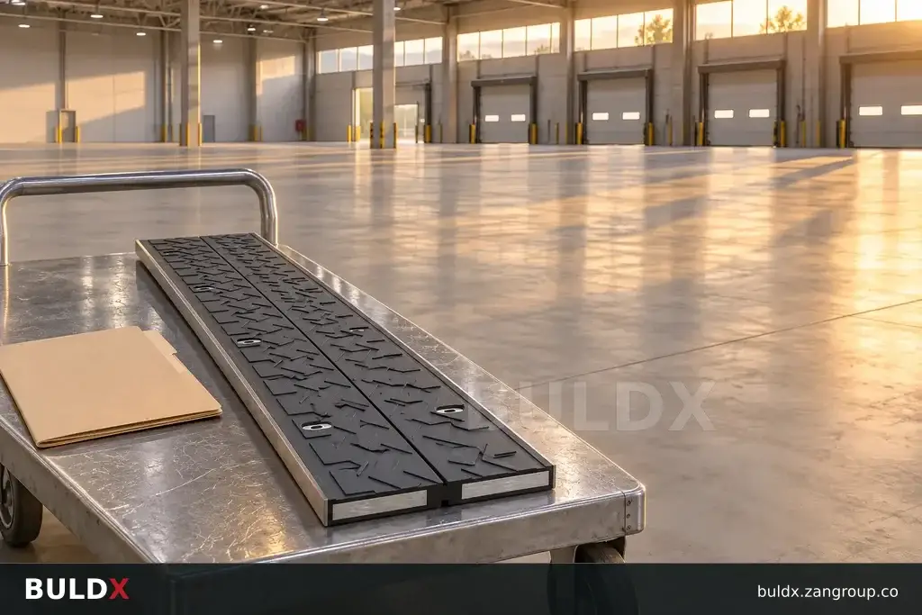 AI-generated product sample context: New empty logistics hall with a joint sample and blank folder on trolley, spacious wide composition