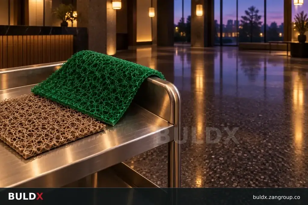 AI-generated product sample context: Mat sample on a service cart at a quiet evening lobby, long exposure feel