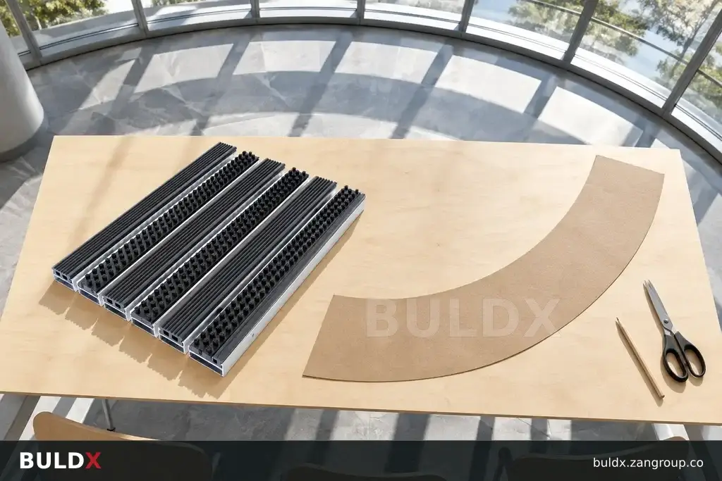 AI-generated product sample context: Mat sample and curved paper template at a crescent-shaped atrium, overhead table view