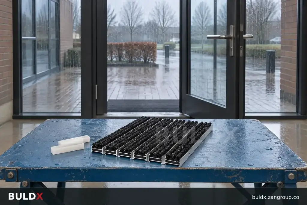 AI-generated product sample context: Glass entry door and loose mat sample on a measurement table, frontal wide view
