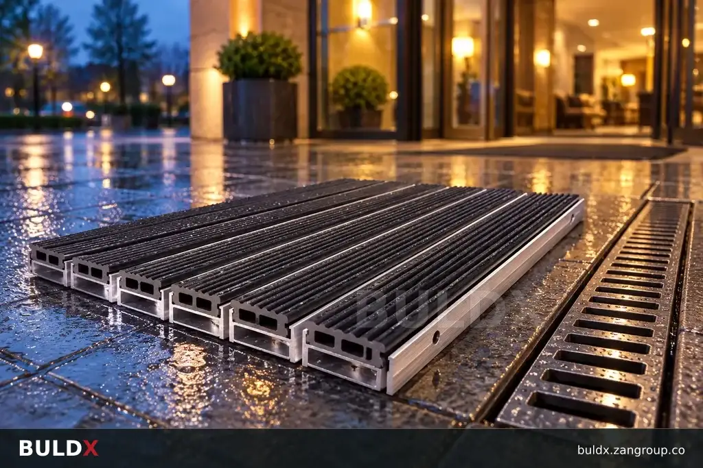 AI-generated product sample context: Sheltered hotel entrance with mat sample beside drain, low rain-after perspective