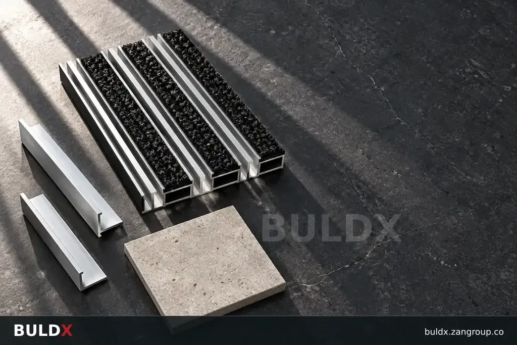 AI-generated product sample context: Metal frame and mat swatches beside dark stone flooring, tight overhead flat lay