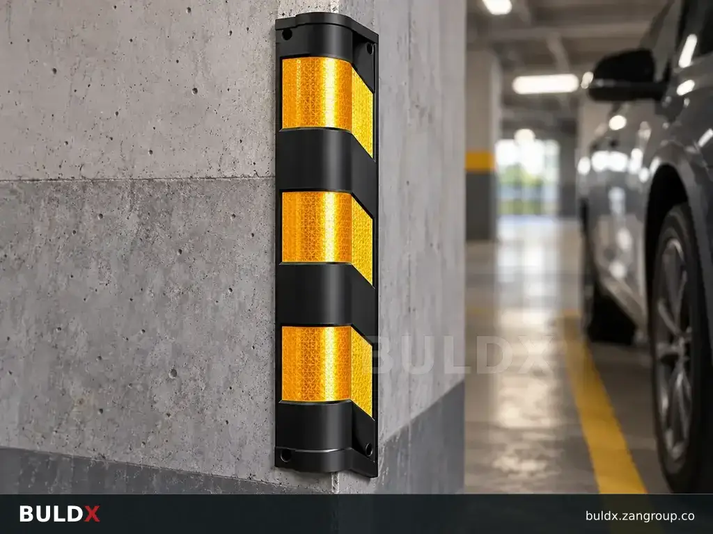 AI-generated application context: Parking corner protection: match column geometry and impact zone