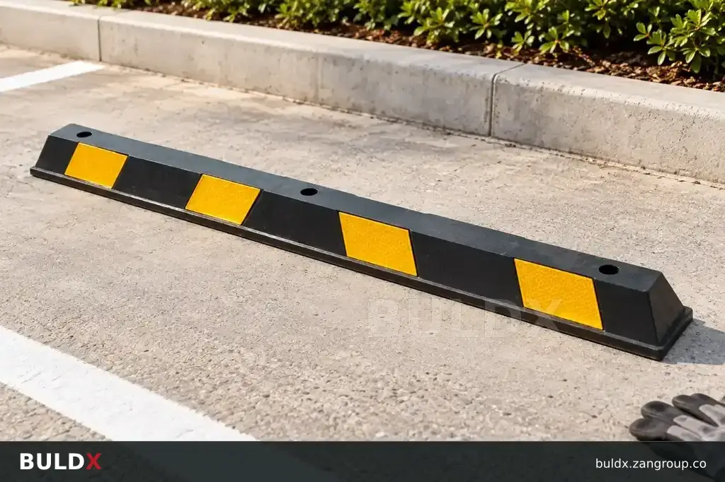 AI-generated application context: Inspecting wheel stops and speed bumps after installation