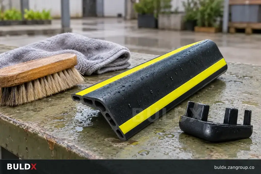 AI-generated product sample context: Rubber protector sample with a brush on an outdoor workbench, close side view