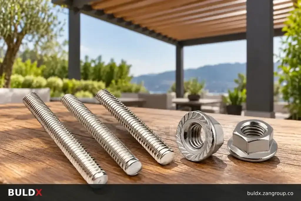 AI-generated application context: Pergola accessories: caps, connections and compatibility