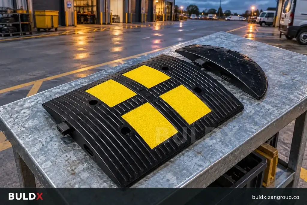 AI-generated product sample context: Speed bump sample on a bench near a depot service lane, wide high view