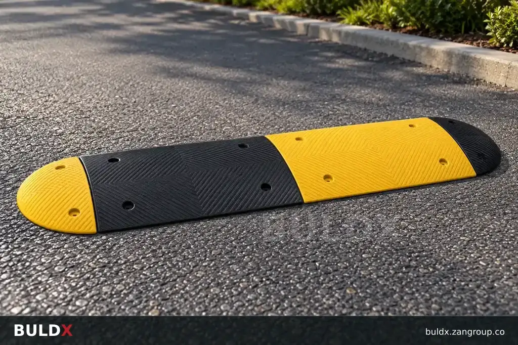 AI-generated application context: Speed bump modules: width, ends and installation scope
