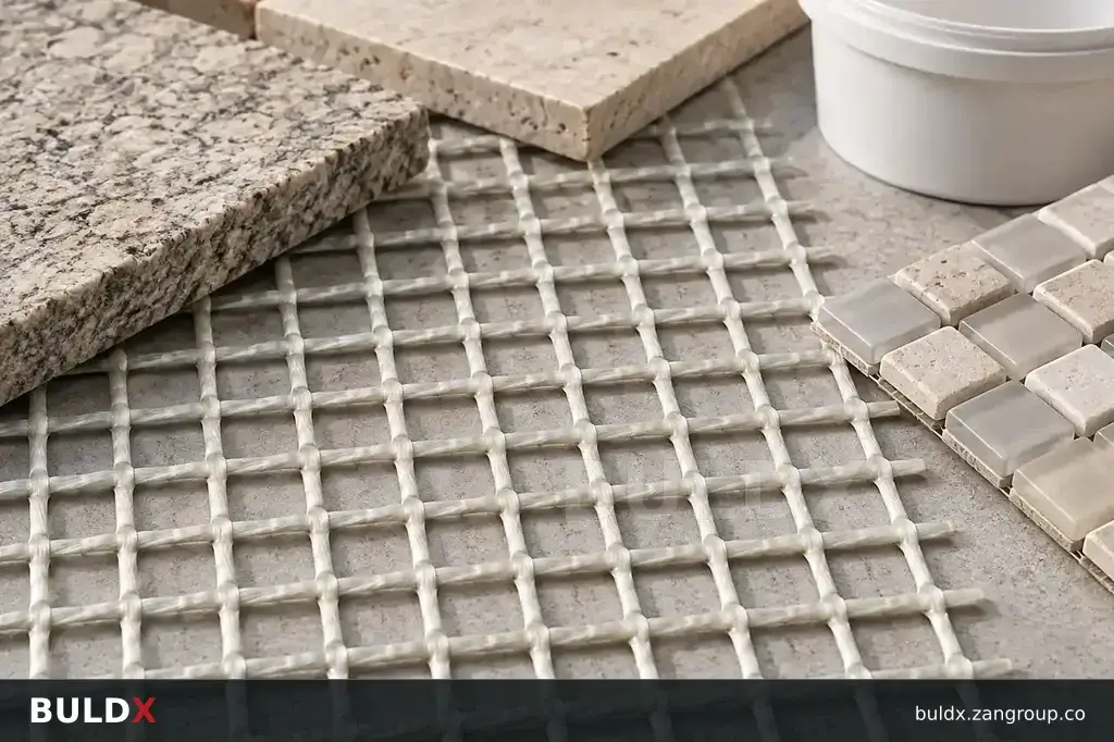 AI-generated application context: Stone and mosaic reinforcement mesh: check the bonding package