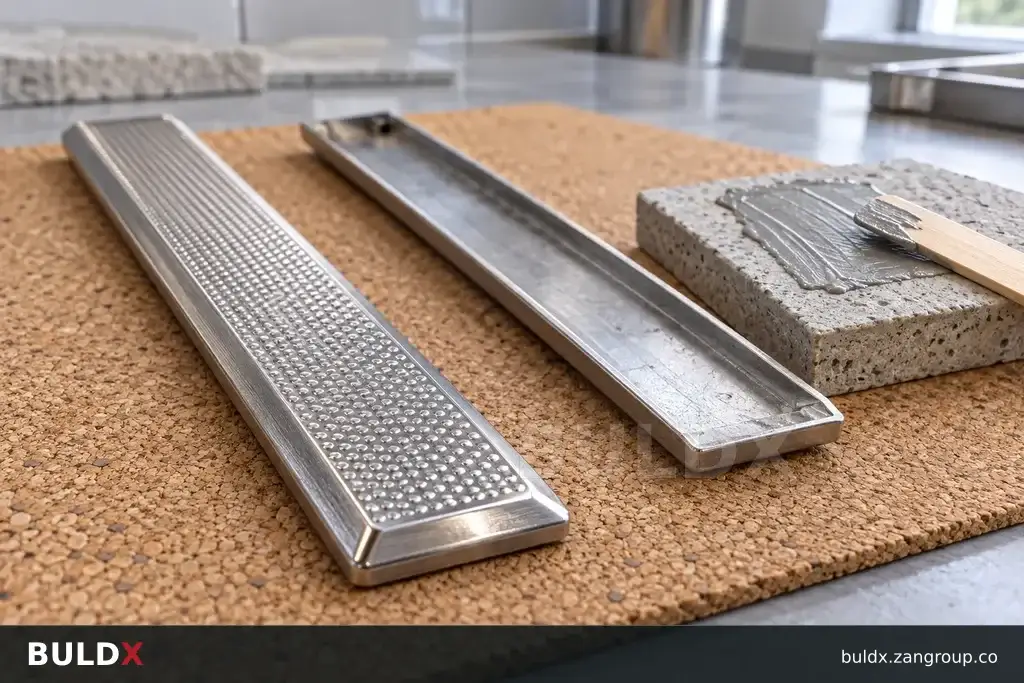 AI-generated product sample context: Loose tactile studs and test board on a workshop bench, macro oblique view