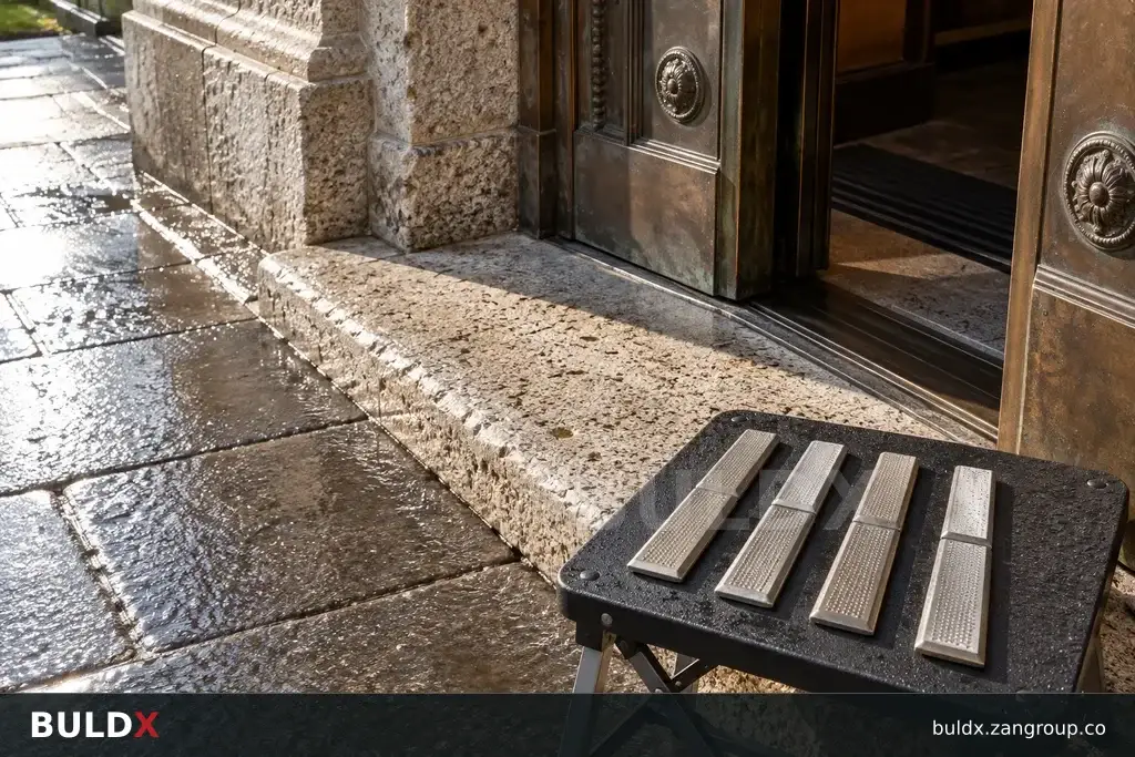 AI-generated product sample context: Tactile sample board beside a civic building doorway, high-angle architectural view