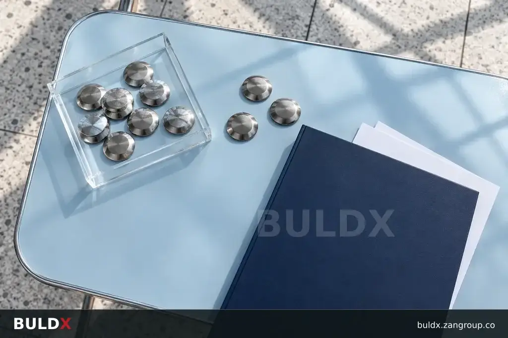AI-generated product sample context: Tactile sample beside a plain floor-plan folder at a station lobby table, top-down view