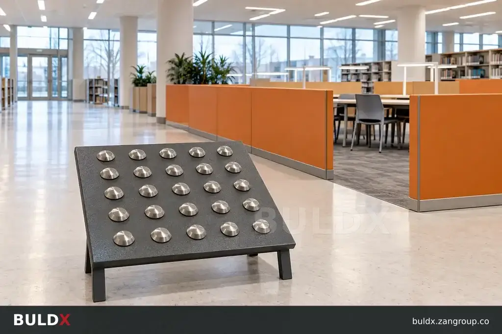 AI-generated product sample context: Tactile sample board beside a segregated public-lobby work area, wide documentary view