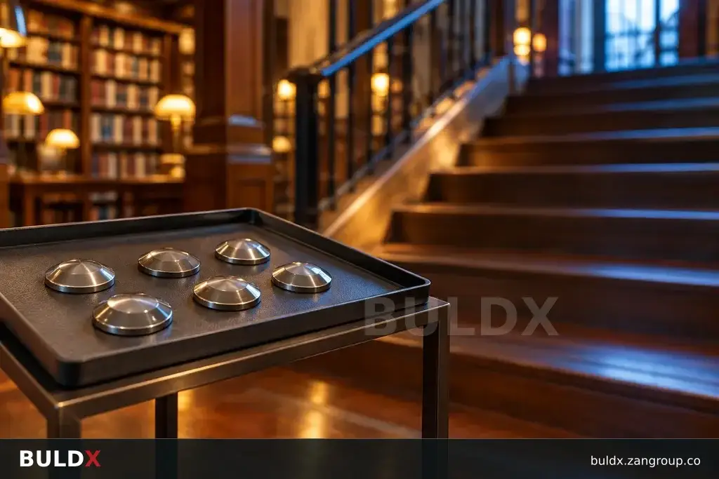AI-generated product sample context: Tactile tile sample held on a stand beside library stairs, low oblique view