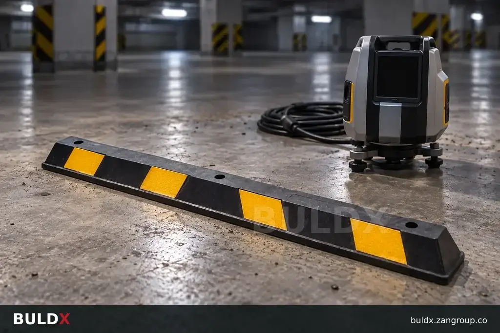 AI-generated product sample context: Loose parking accessory beside utility survey equipment, diagonal floor-level view