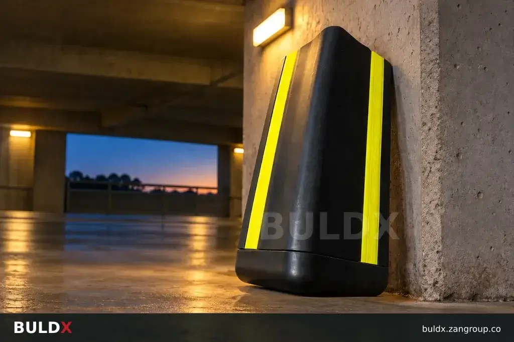 AI-generated product sample context: Parking protection sample beside a lit garage wall at dusk, low photographic angle