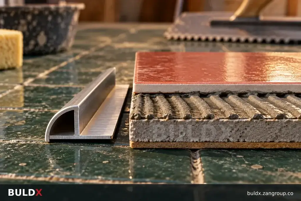 AI-generated product sample context: Loose trim and adhesive test board on a tiled workbench, close side view