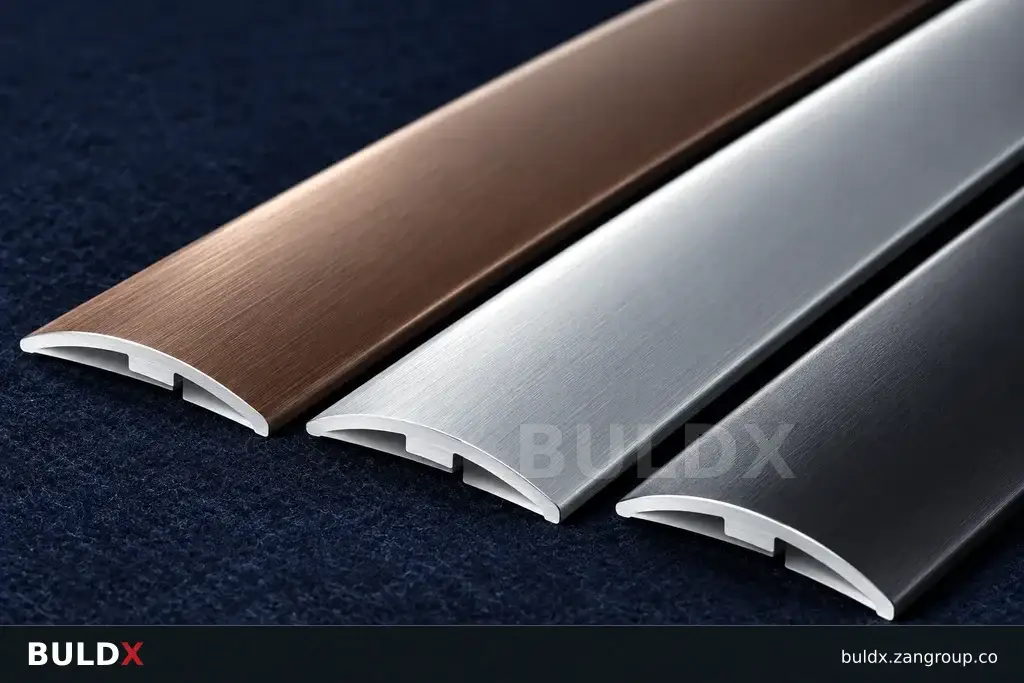 AI-generated product sample context: Brushed and anodised trim samples under a studio softbox, editorial macro