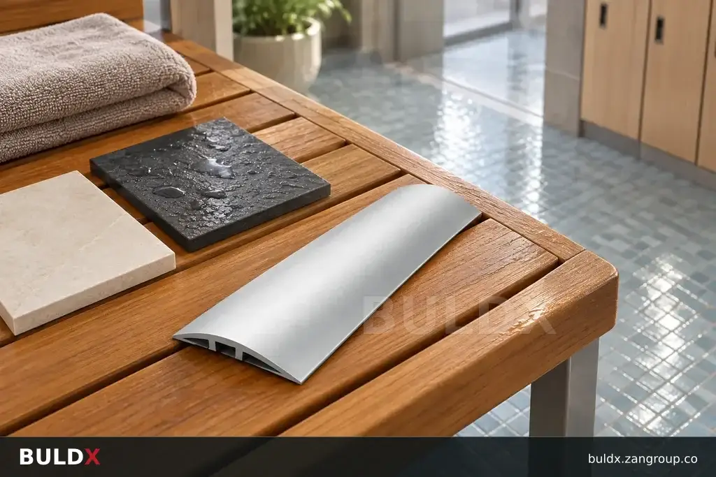 AI-generated product sample context: Spa changing room threshold with trim sample, overhead wide detail