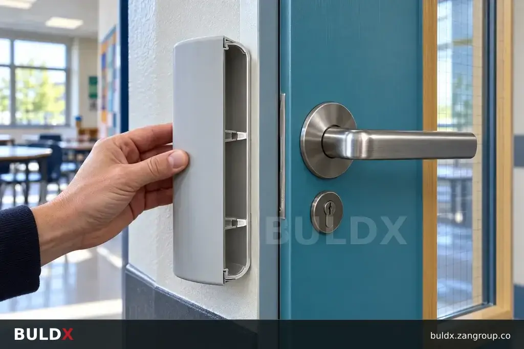 AI-generated product sample context: School doorway with a guard sample held alongside hardware, shoulder-level perspective