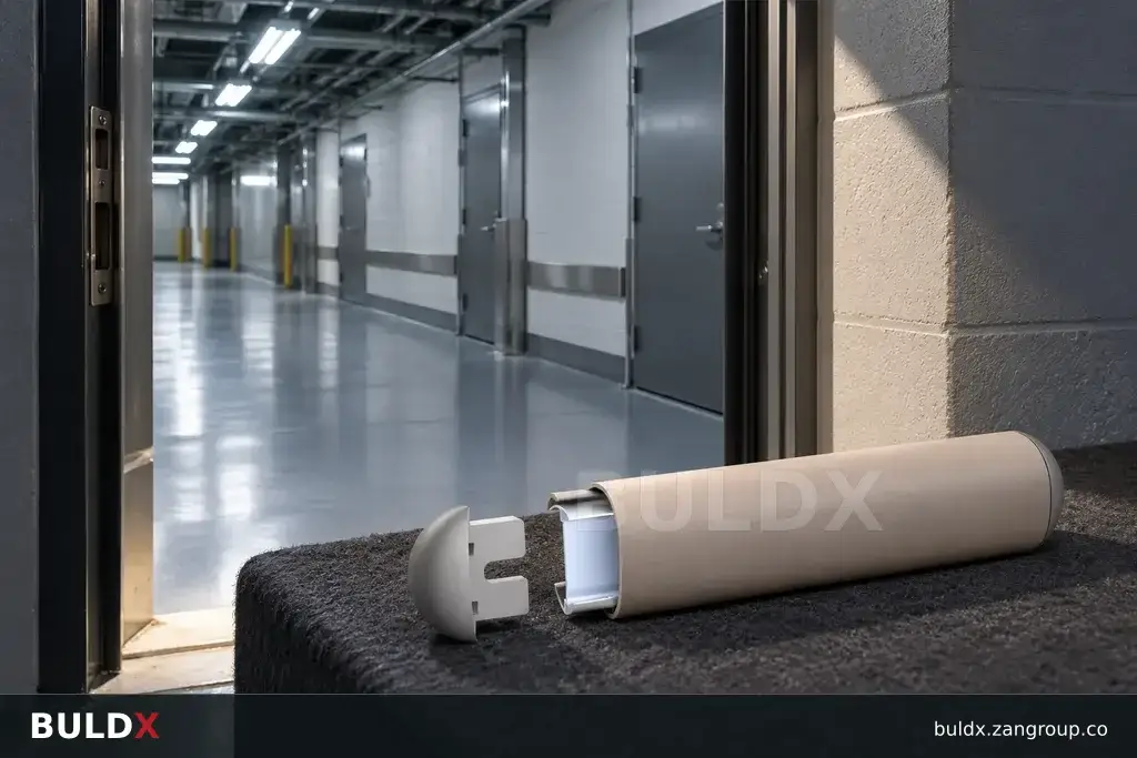 AI-generated product sample context: Unoccupied airport service corridor with a guard, viewpoint from a recessed doorway