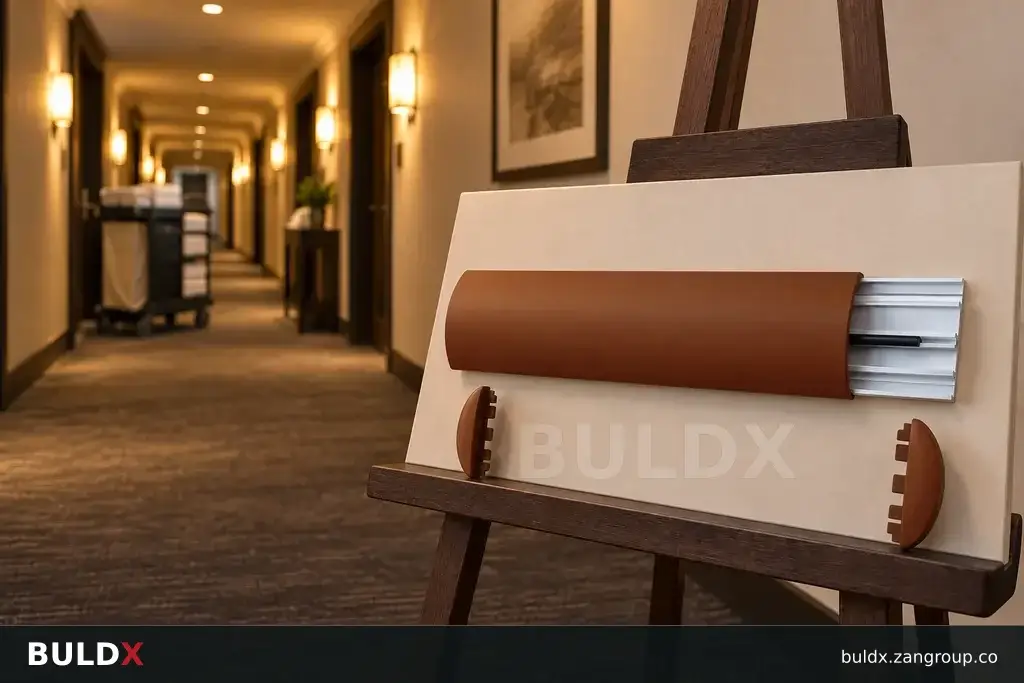 AI-generated product sample context: Hotel service corridor with a sample board on an easel, wide oblique view