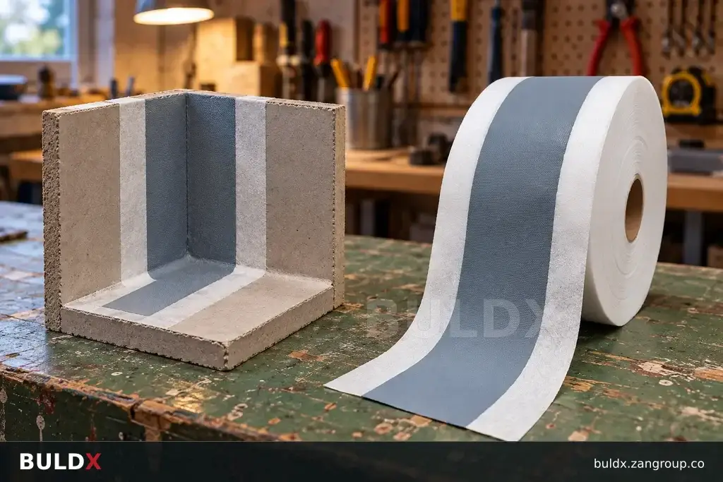 AI-generated product sample context: Corner mockup with a loose waterproof tape sample in a training workshop, eye-level detail