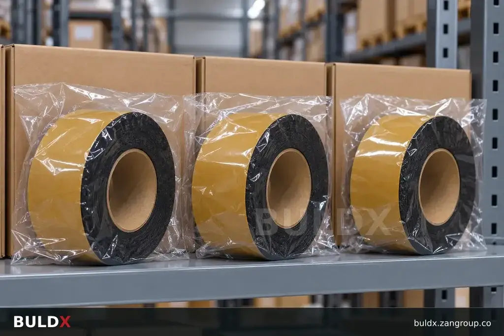 AI-generated product sample context: Unbranded sealed rolls on orderly warehouse shelving, straight-on view