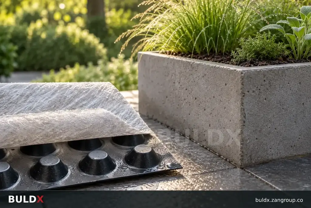 AI-generated product sample context: Drainage sheet sample beside a planter mockup, low outdoor detail