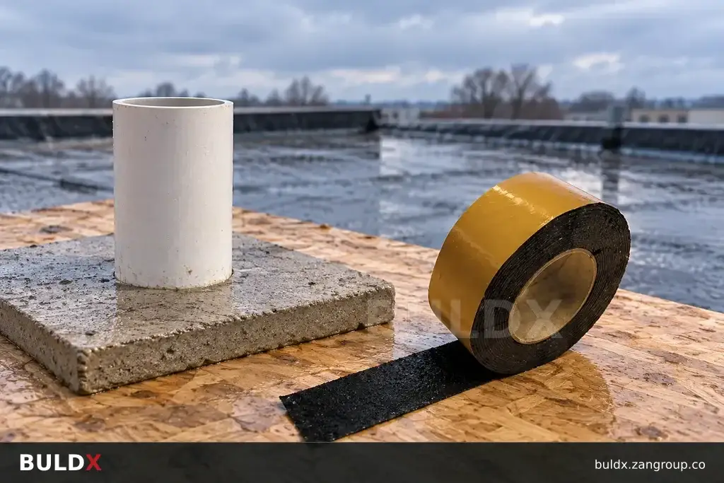 AI-generated product sample context: Waterproof tape sample beside pipe mockup on a roof testing bench, close oblique view