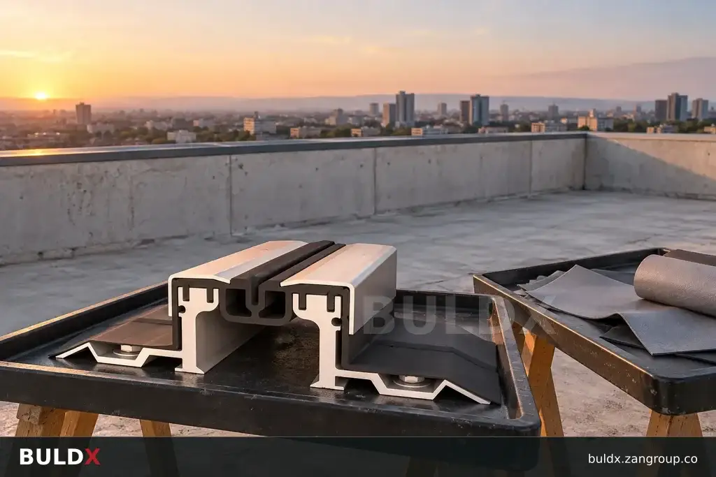 AI-generated product sample context: Waterproof sample trays beside an unfinished terrace parapet, expansive side view